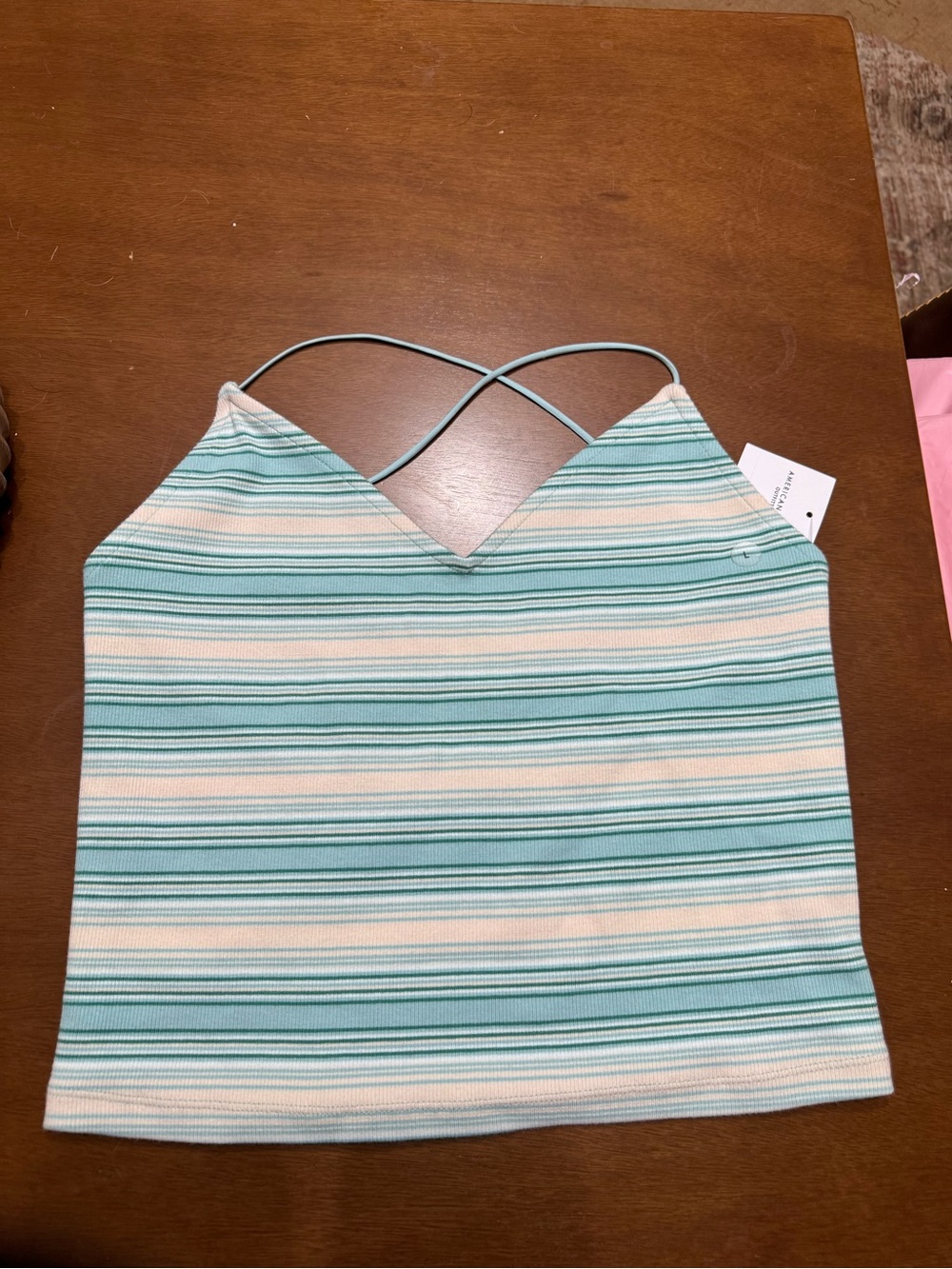 American Eagle Outfitters Mint and Cream Striped Crisscross Tank